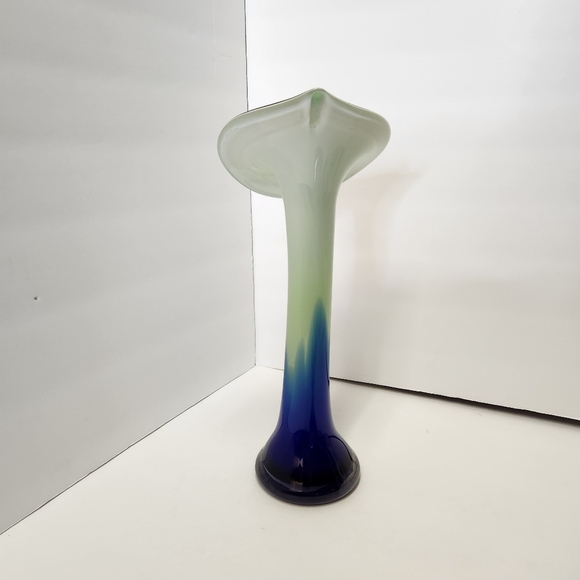 Hand Blown Cased Glass Jack In The Pulpit Vase Cobalt Blue Green White Vintage - Picture 4 of 11